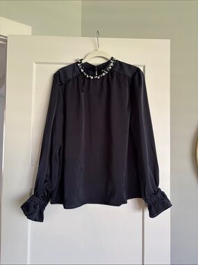 TCEC Navy Pearl-Embellished Long Sleeve Blouse